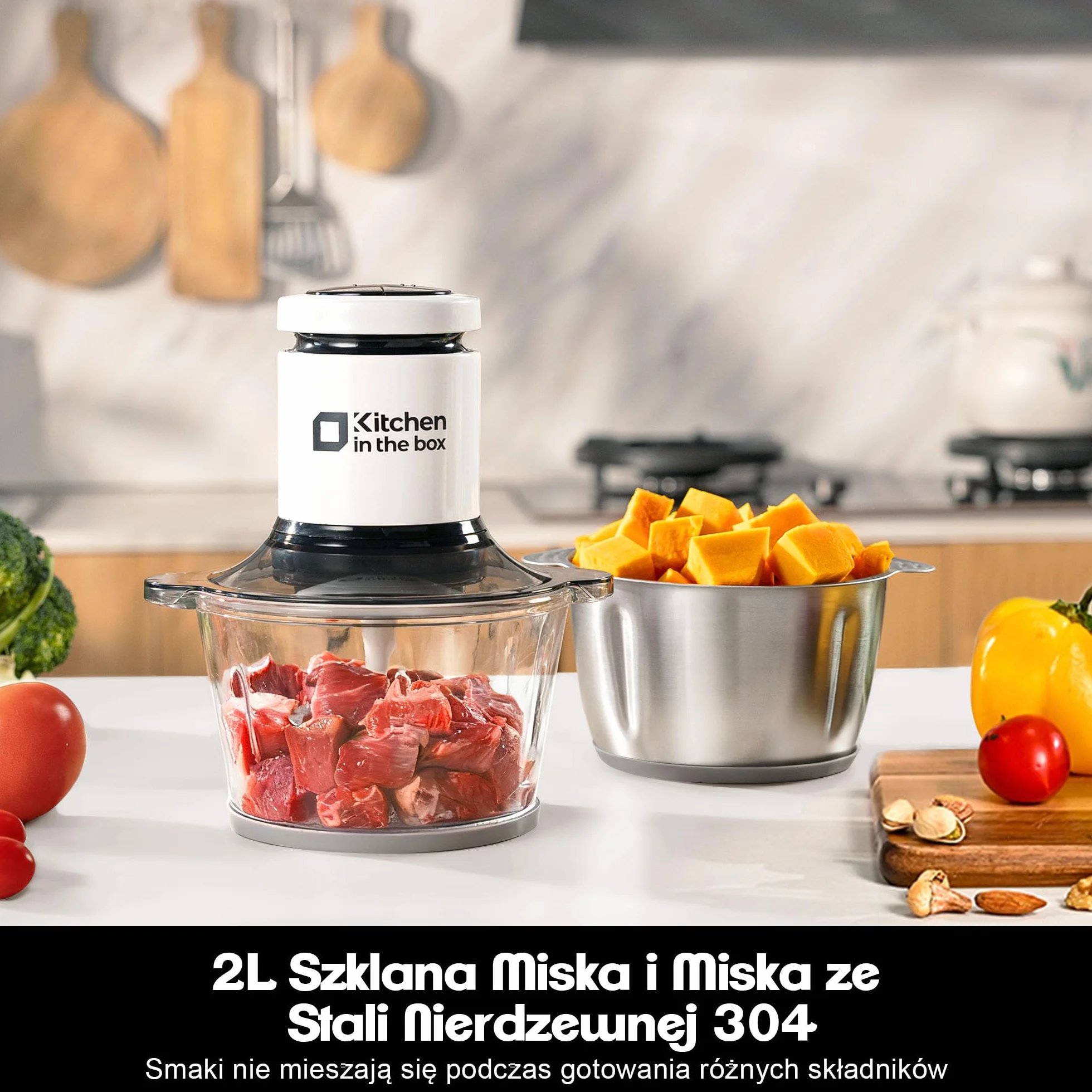 Kitchen in the Box Elektryczna Rozdrabniacz Kuchenny,400W Elektryczna Maszynka do Mięsa z 2 Miskami (2L+2L) i 2 Podwójnymi Ostrza,Wielofunkcyjny Rozdrabniacz do Warzyw/Cebuli/Owoców/Żywność Dziecięca
