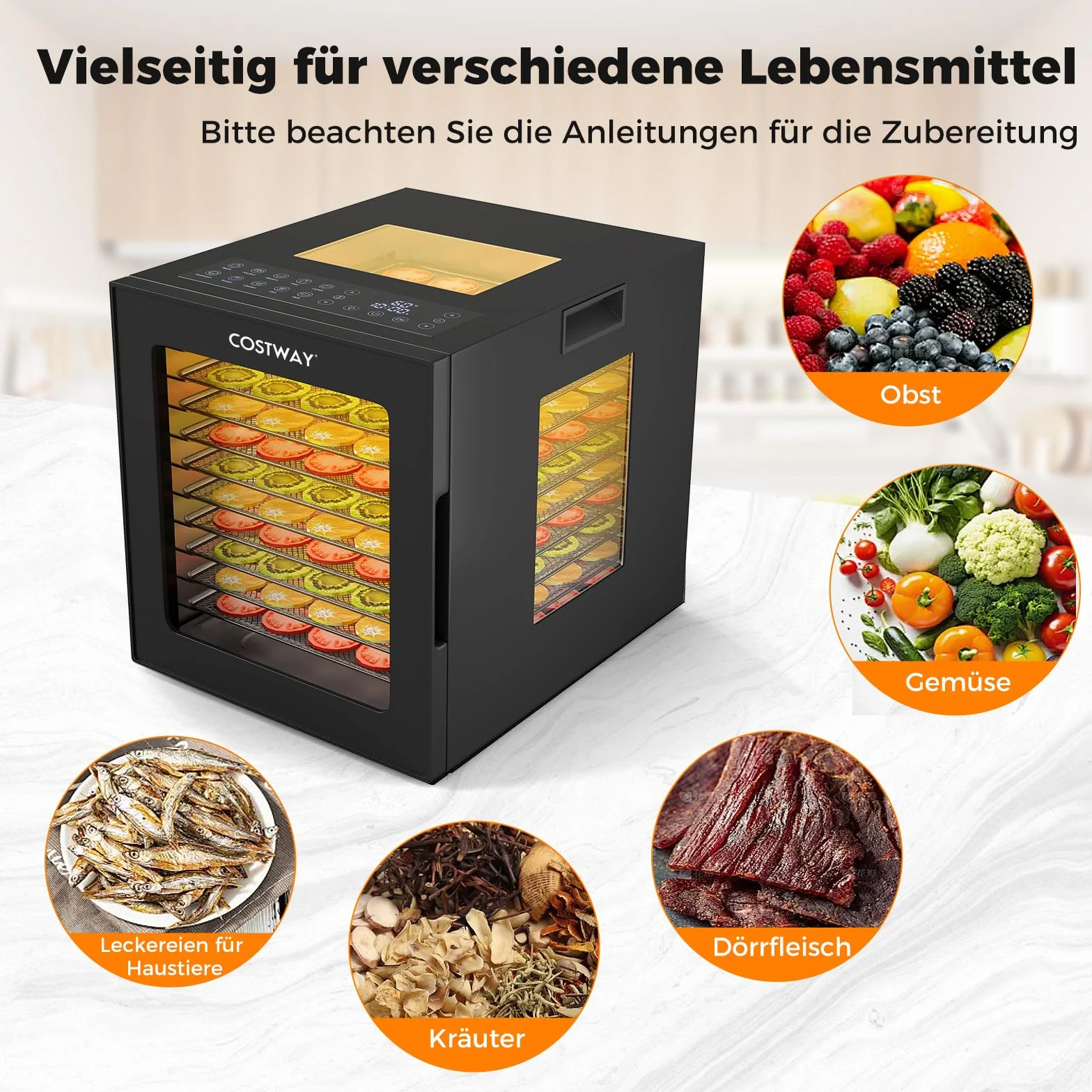 COSTWAY Suszarka 850 W, w zestawie 10 misek ze stali nierdzewnej, urządzenie do suszenia z 10 wstępnie ustawionymi programami, timer 48 h i temperatura 30-75°C, suszarka do żywności do owoców, warzyw