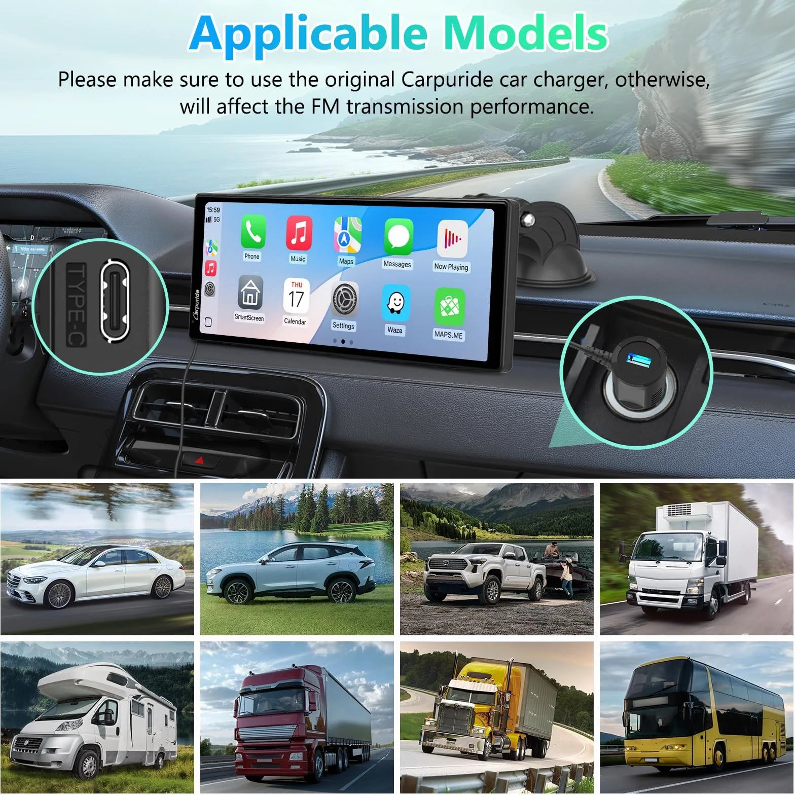 Carpuride V92 Przenośny samochodowy stereo, Bezprzewodowy Carplay i Android Auto, 10,26-calowe radio z ekranem dotykowym 1080P HD z BT 5.0, uchwyt na deskę rozdzielczą do samochodów ciężarowych