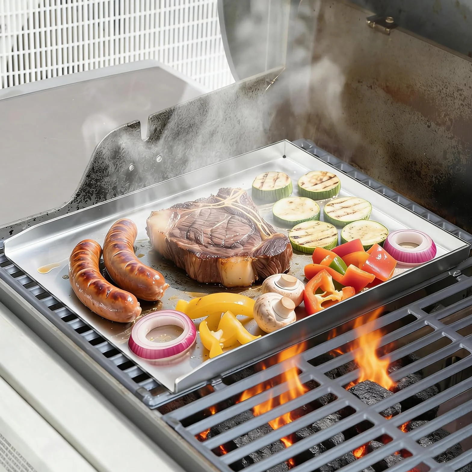 Plancha płyta grillowa ze stali nierdzewnej, 40 x 30 cm, duża płyta grillowa Plancha ze stali nierdzewnej z 2 szpatułkami do grilla gazowego i węglowego