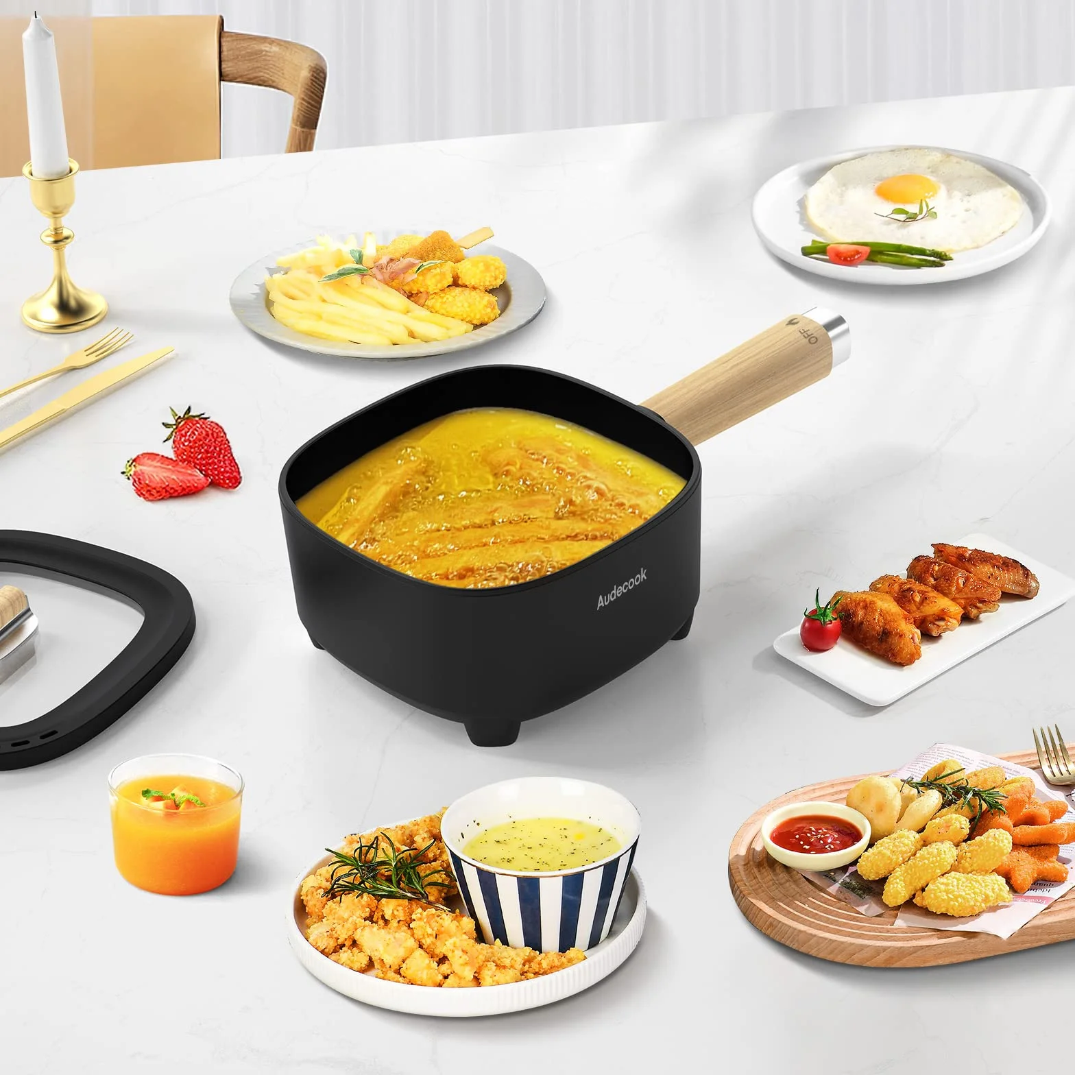 Audecook Elektryczny gorący garnek, glazura ceramiczna, nieprzywierająca patelnia, przenośny multicooker podróżny do ramenu, steków, jajek, smażonego ryżu, płatków owsianych, zupy, 350 W/800 W (czarny