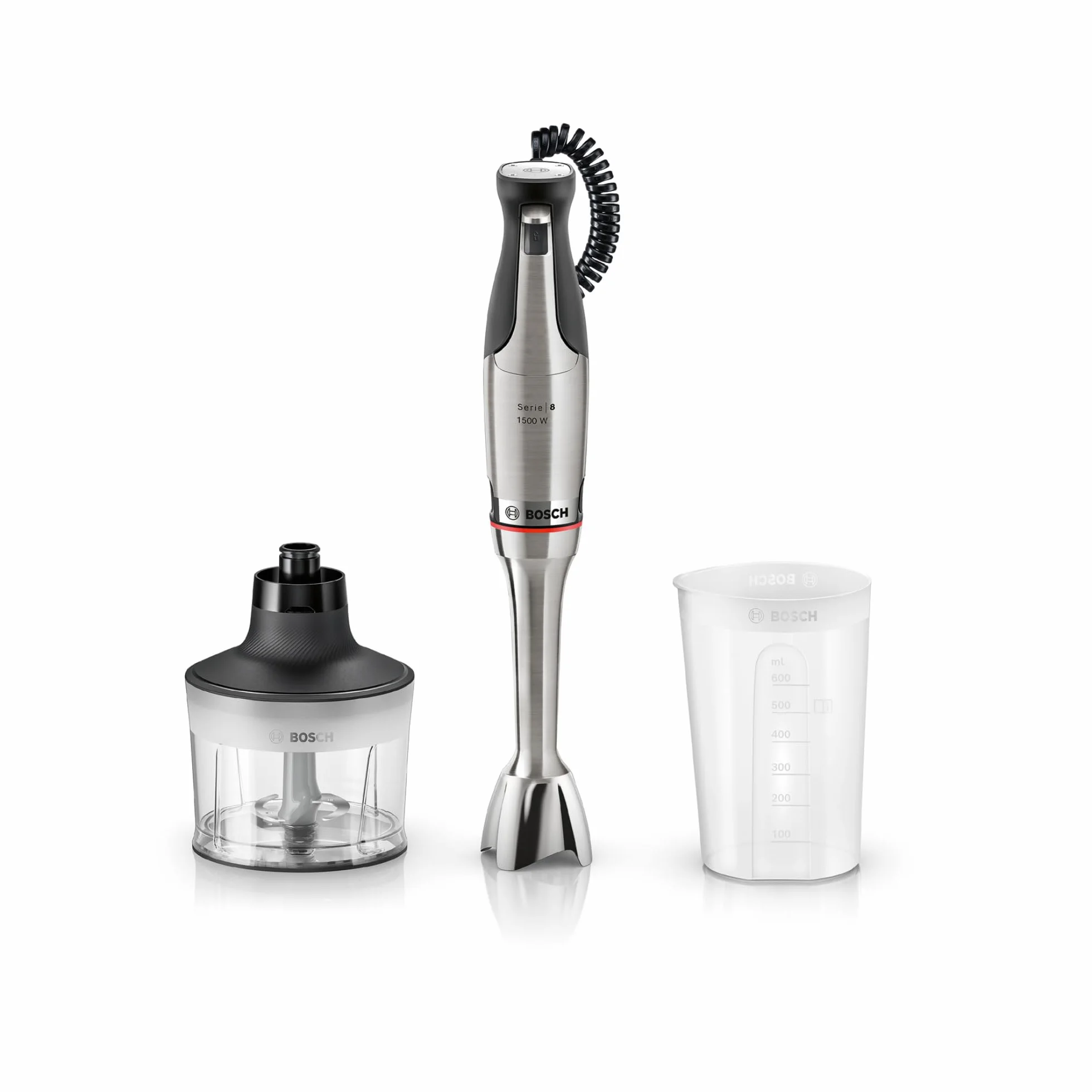 Bosch, blender ręczny, ErgoMaster Serie 8, silnik 1500 W, intuicyjna regulacja prędkości, 6-ramienne ostrze, akcesoria w zestawie, stal nierdzewna, MSM8M930