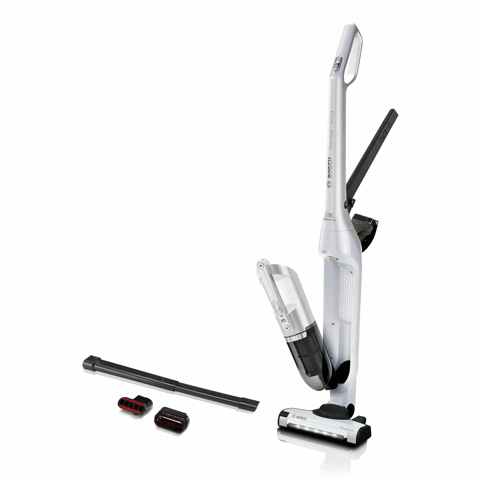 Bosch, Flexxo Gen2 Serie 4, 28 Vmax, 2w1, bezprzewodowy, bezworkowy, odkurzacz ręczny i pionowy, zintegrowane akcesoria, polar white metallic, BBH3ALL28