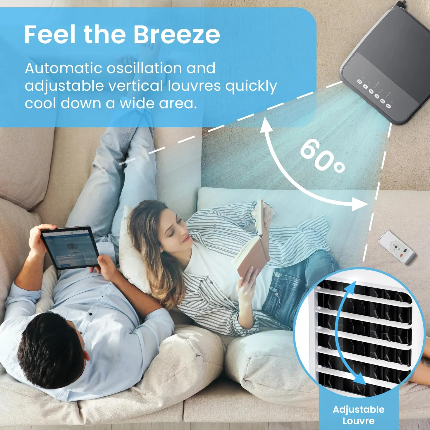Przenośny klimatyzator Pro Breeze, klimatyzator ewaporacyjny, klimatyzator wodny bez węża, automatyczna oscylacja, nawilżacz, pilot zdalnego sterowania, wyświetlacz LED, 7-godzinny timer