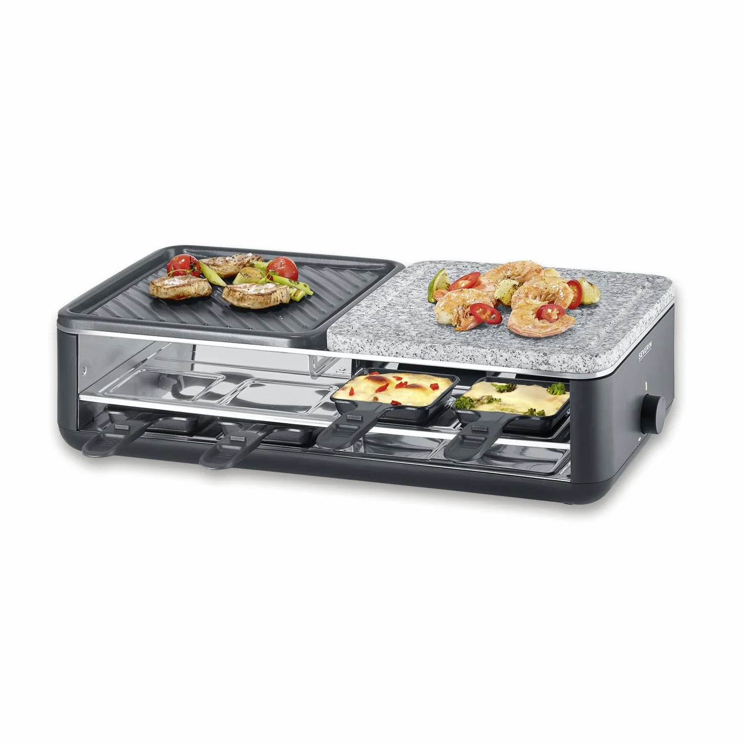 SEVERIN Raclette grill 1300 W z kamieniem naturalnym i płytą grillową 8 patelniami RG 2366 czarny