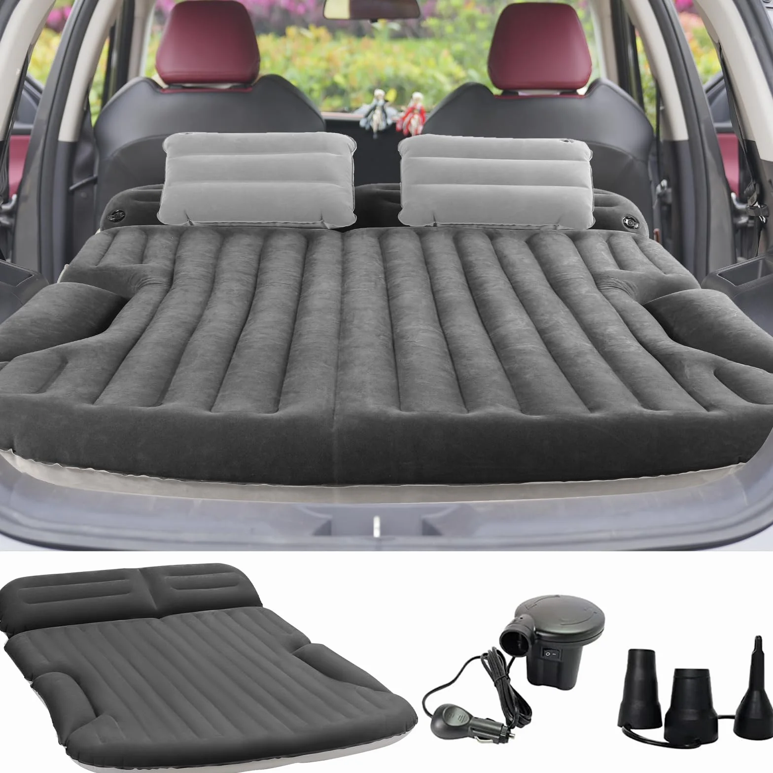 KMZ Materac dmuchany, pogrubiony i dwustronny, flokowany, do SUV, materac kempingowy z 2 nadmuchiwanymi poduszkami, kolor ciemnoszary