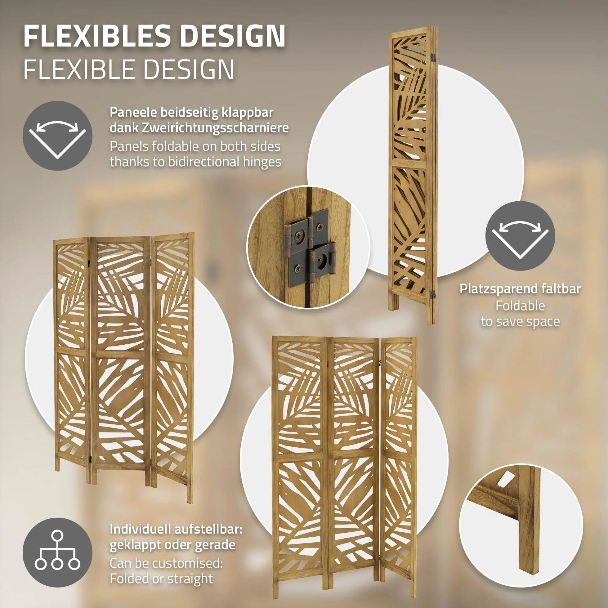 ML-Design Parawan 3-czesciowy Kioto naturalny 170x121 cm Drewniany Skladany Parawan Pokojowy Wolnostojacy Scianka Dzialowa Ekran Prywatnosci Do Przebieralni I Sypialni Panel Oslona Przestrzeni