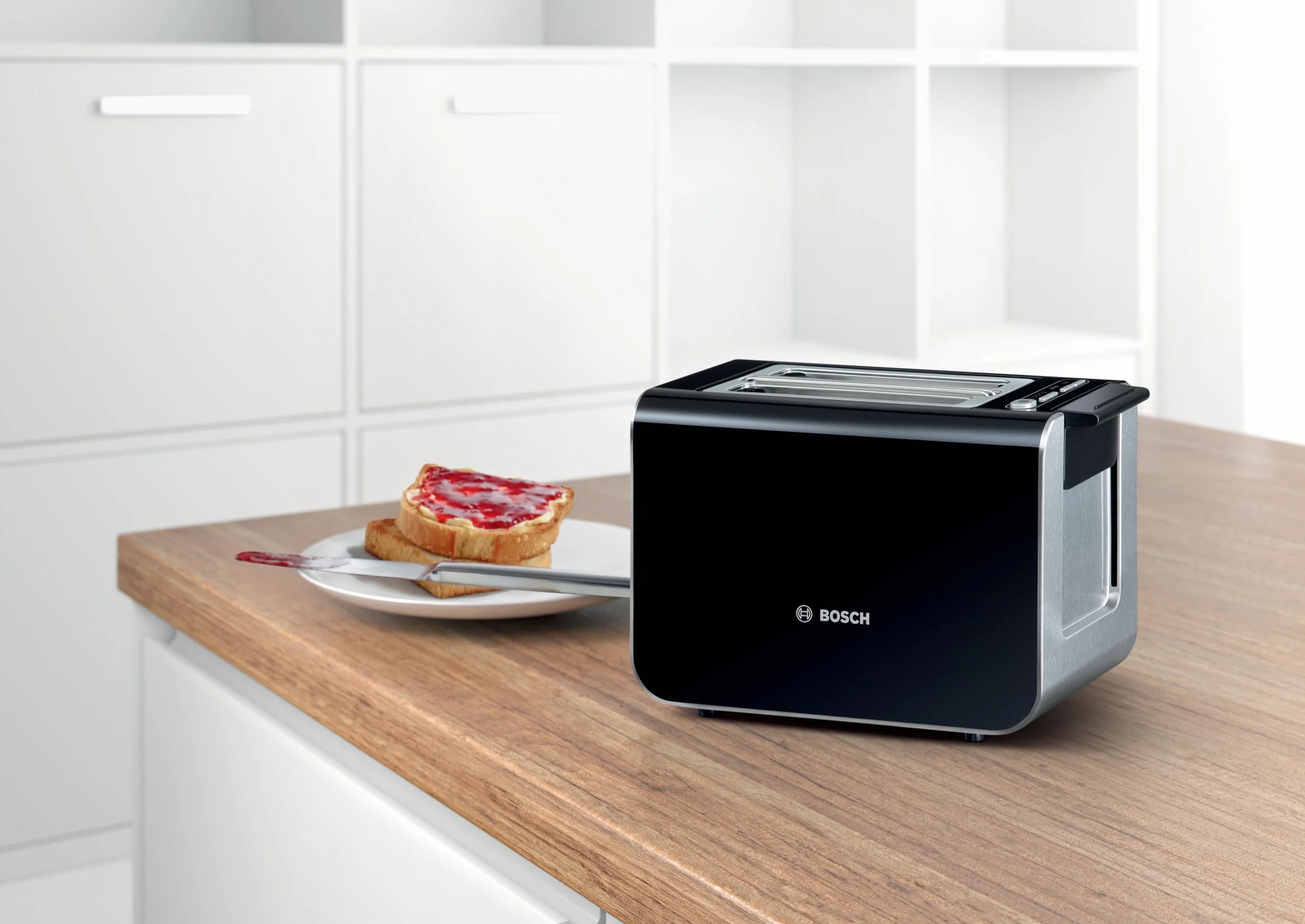 Bosch Toster Styline TAT8613N, zintegrowana nasadka do bułek, funkcja podnoszenia, funkcja rozmrażania, automatyczne wyłączanie, centrowanie chleba, 800 W, stal nierdzewna/czarny