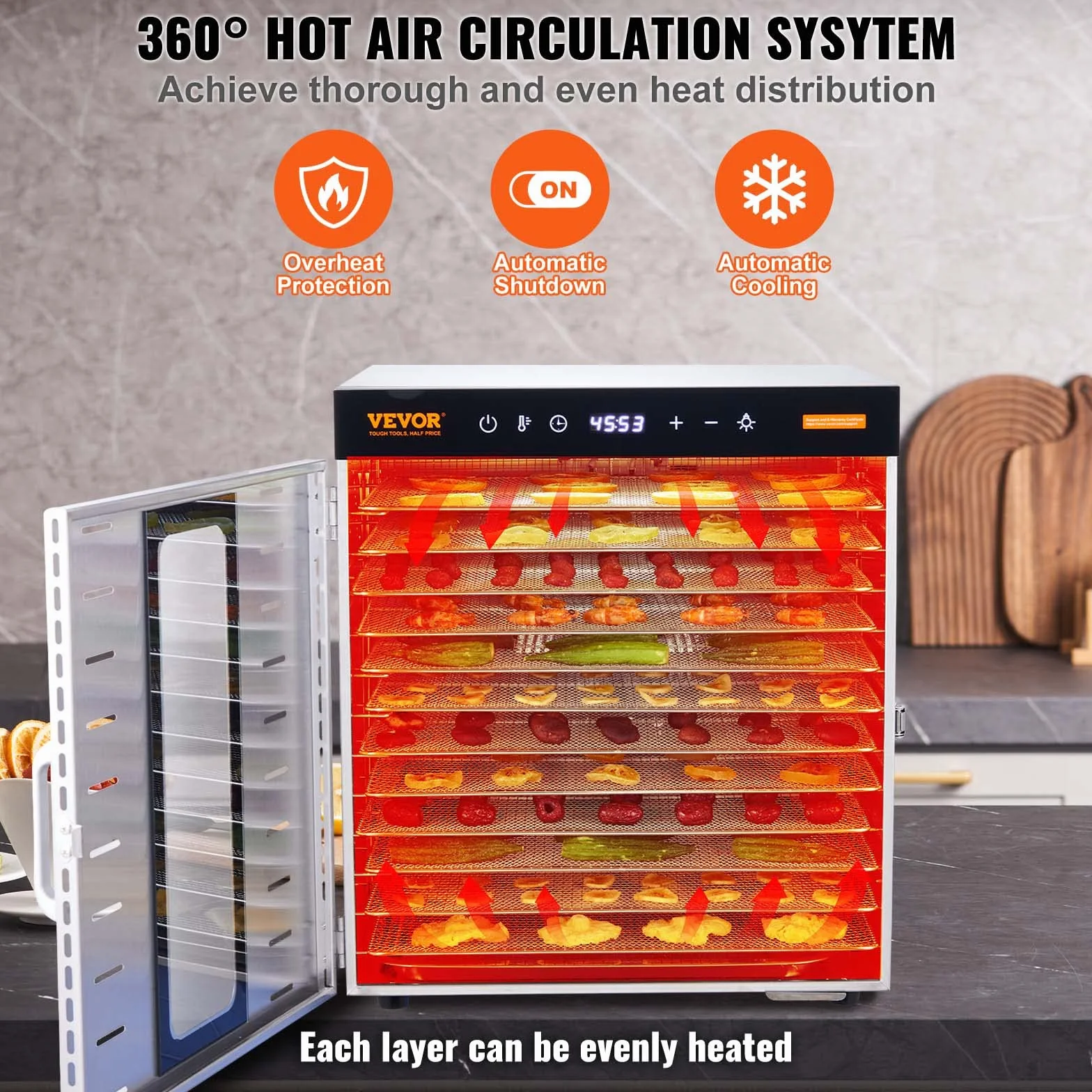 VEVOR Maszyna do odwadniania żywności 10 tacek ze stali nierdzewnej 1000 W Regulowana temperatura 30-90 °C Timer 0,5-48 h
