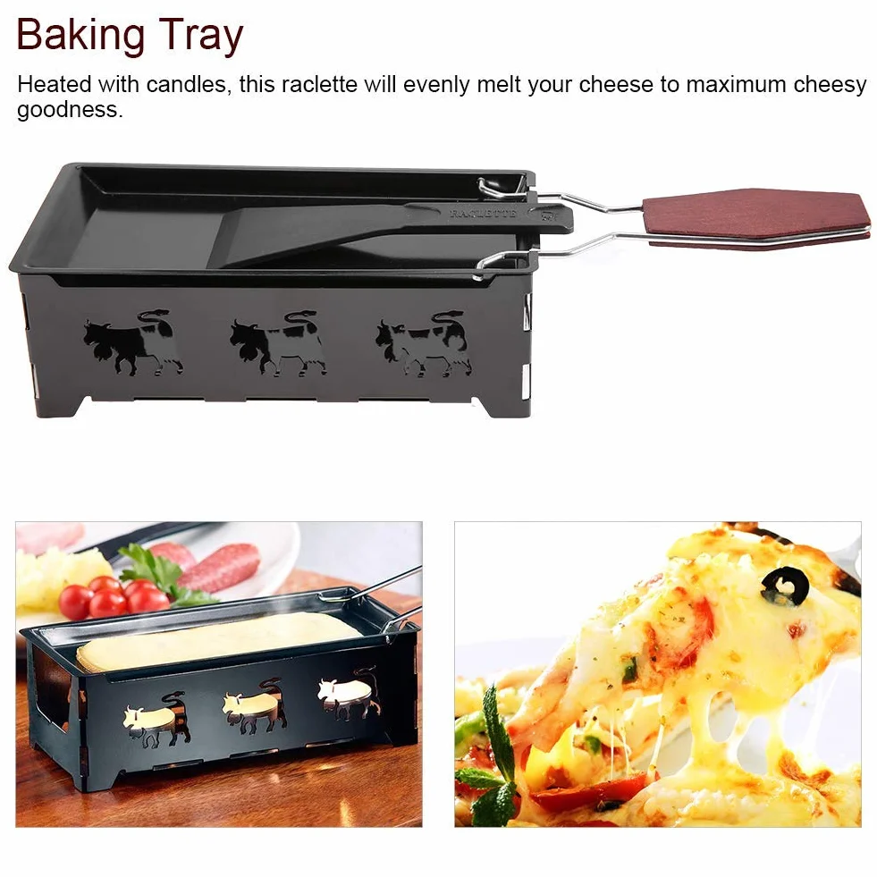 Mini Raclette Składany Tealight Raclette Nieprzywierający Rotaster Blacha do pieczenia Zestaw pieców Ze stali węglowej Domowy grill kuchenny Narzędzie z drewnianą rączką