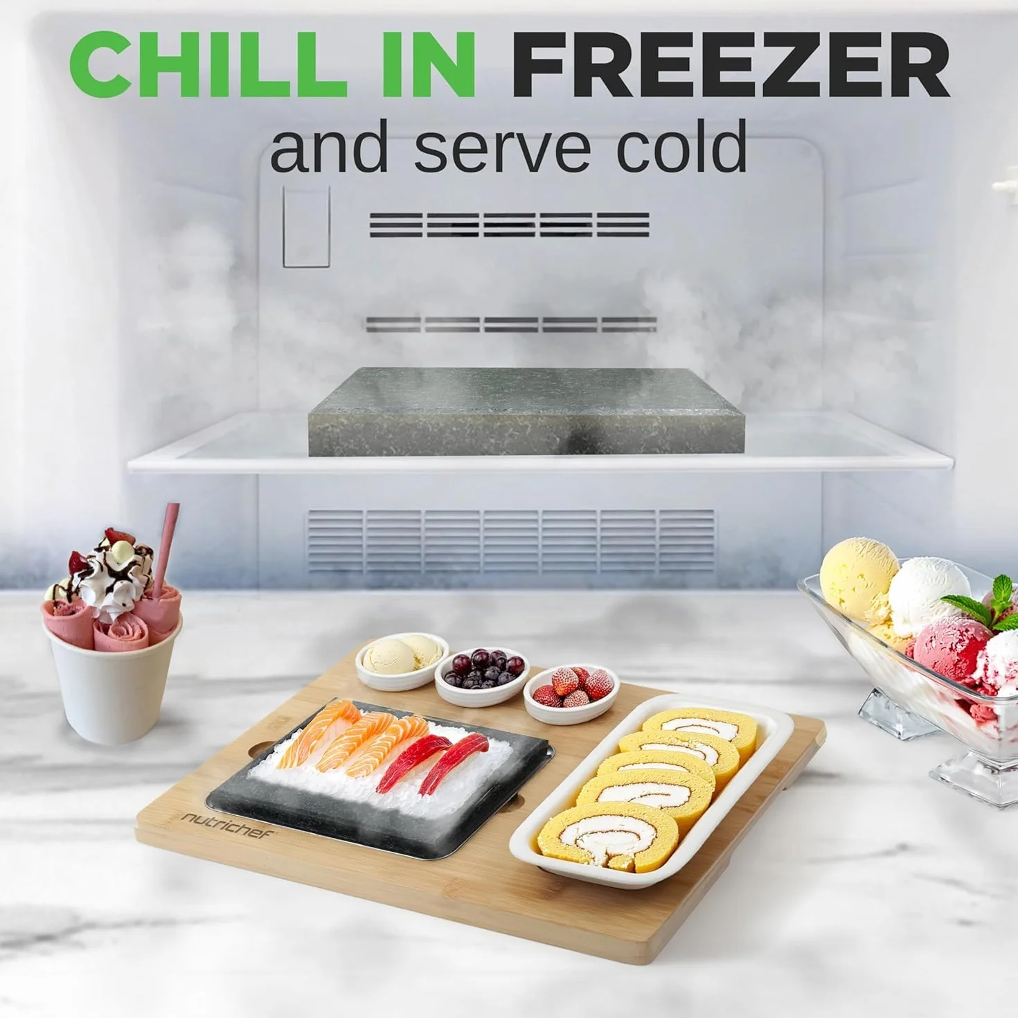 NutriChef Sizzle Hot Stone Zestaw Do Gotowania - Grill Stołowy z Granitu z Bambusową Talerzem, Stali Nierdzewnej, Ceramicznymi Miseczkami