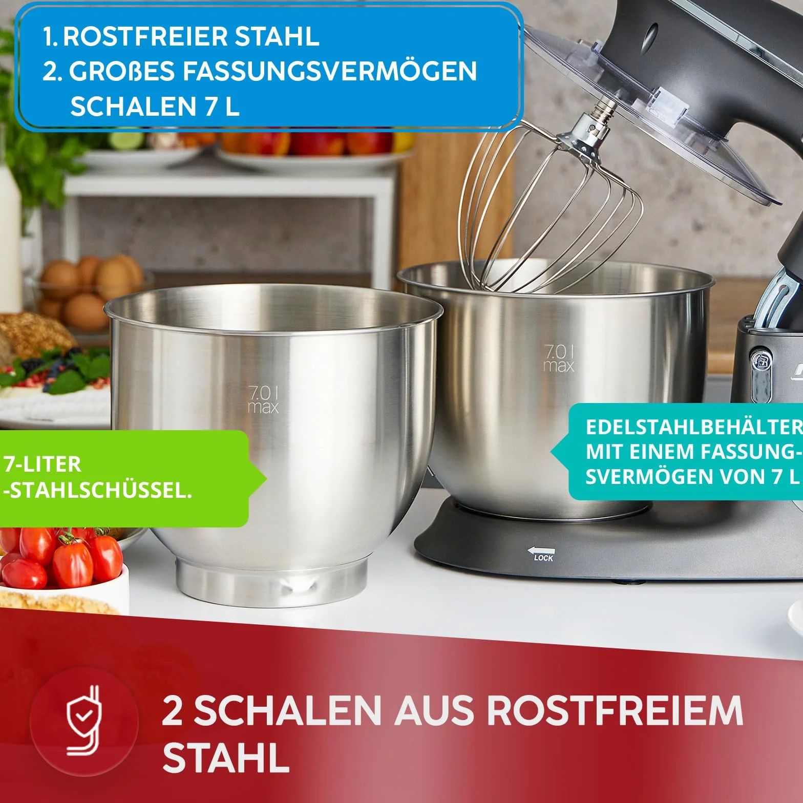 MPM Planetarny robot kuchenny MRK-23 – wielofunkcyjny mikser kuchenny 7 l – urządzenia kuchenne o wszechstronnym zastosowaniu, 2400 W, dwie miski, trzy wymienne trzepaczki